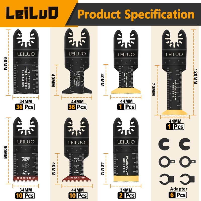 LEILUO 96 Pcs Multitool Blade Kits for Wood Nails Drywall Japanese Tooth Oscillating Saw Blades Titanium Oscillating Tool Accessories with Storage Bag Compatible with DeWalt Makita Dremel and More - Image 3